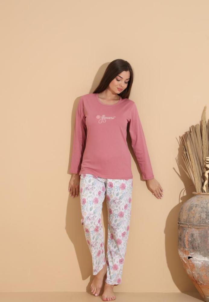 Pijama Dama „Flowers'" ,Pantaloni si Maneca Lunga,Culoare Roz Prafuit,Engros